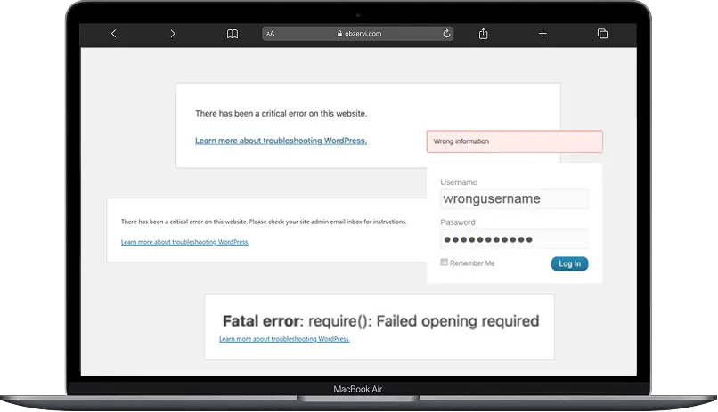 Obzervi activity log showing a failed login with the wrong username