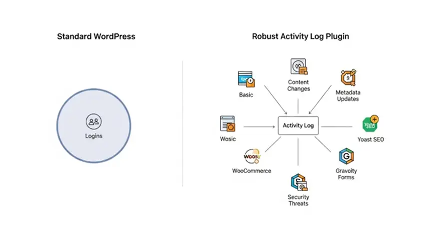 Diagram comparing the limited tracking capabilities of standard WordPress versus the comprehensive tracking of the best wordpress activity log plugin.
